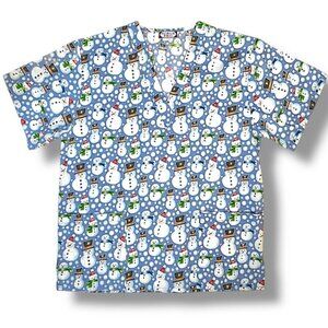 Scrub Pro Holiday Scrub Top Cotton Blend Snowman V Neck Short Sleeve Blue XL